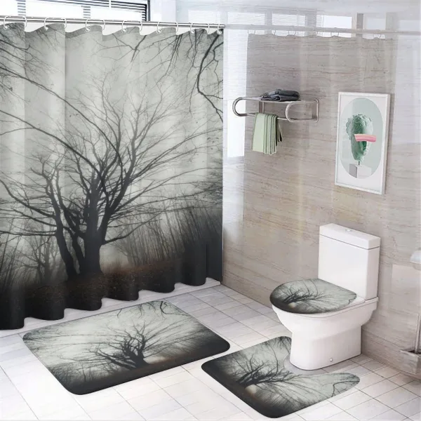 Autumn Tree in Fog Dark on a shower curtain