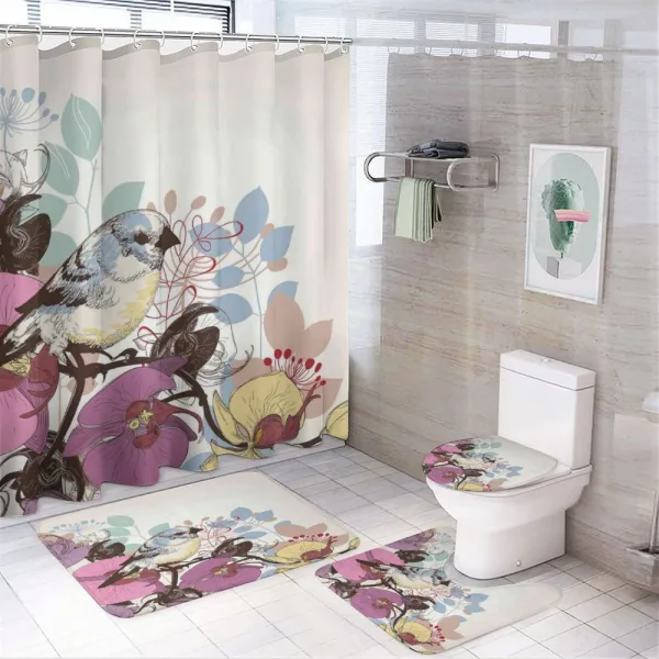 Bird Perched on Flowers on a shower curtain