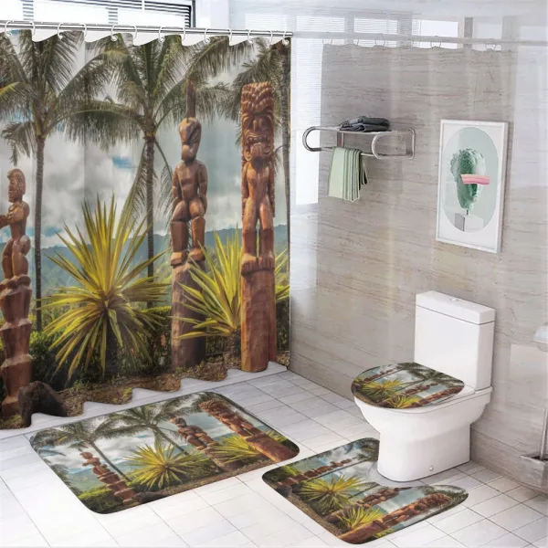 Tiki Masks and Palm Trees on a shower curtain