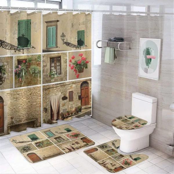 Italian Stone Houses on a shower curtain