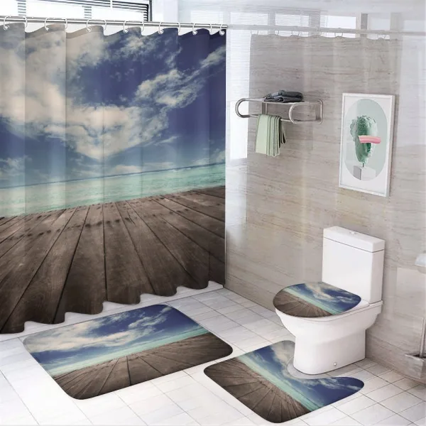 Ocean Cloudy Sky Wooden Pier on a shower curtain