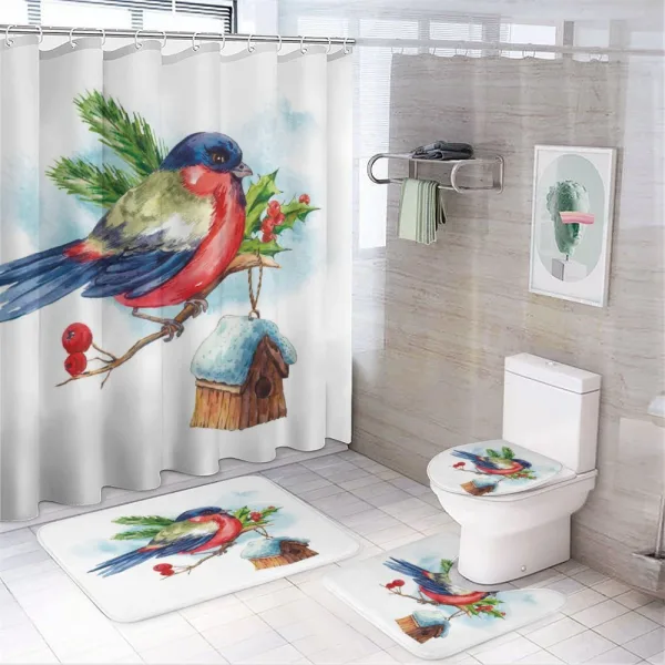 Christmas Bird Holly Pine on a shower curtain