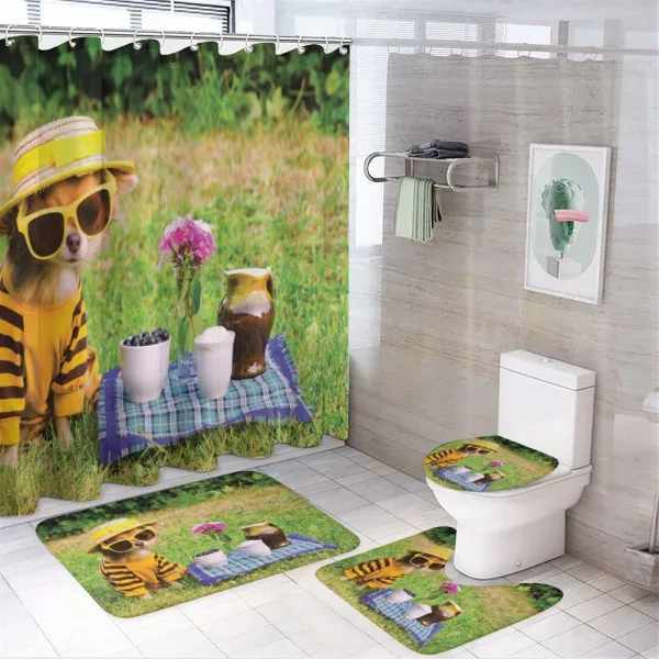 Clothed Puppy at Picnic on a shower curtain
