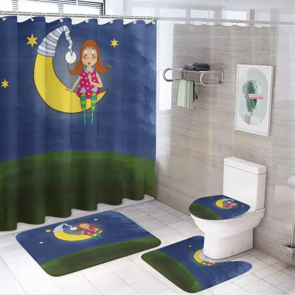 Girl on Moon Words Artwork on a shower curtain
