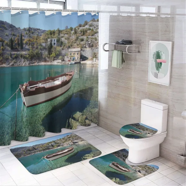 Tranquil Scene Boat on Bay on a shower curtain