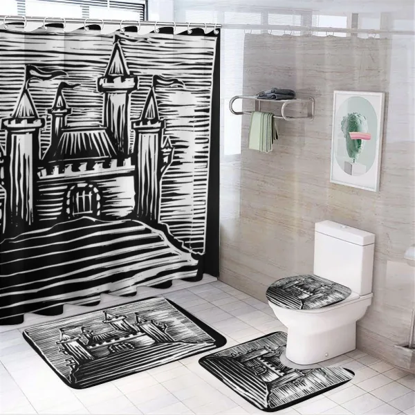 Woodcut Medieval Fortress on a shower curtain