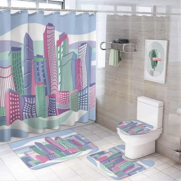 Funny Buildings in City on a shower curtain