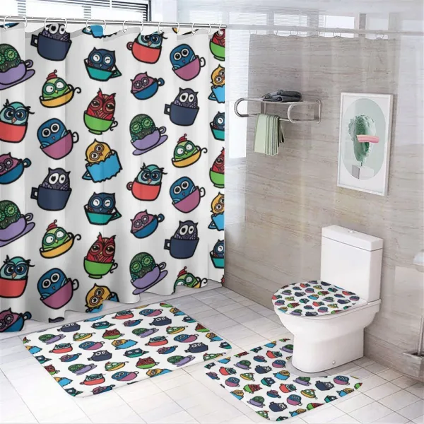 Funny Owl in Coffee Mug on a shower curtain