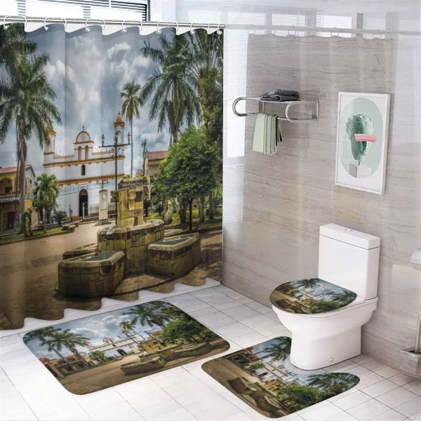 Mayan Town with Palms on a shower curtain