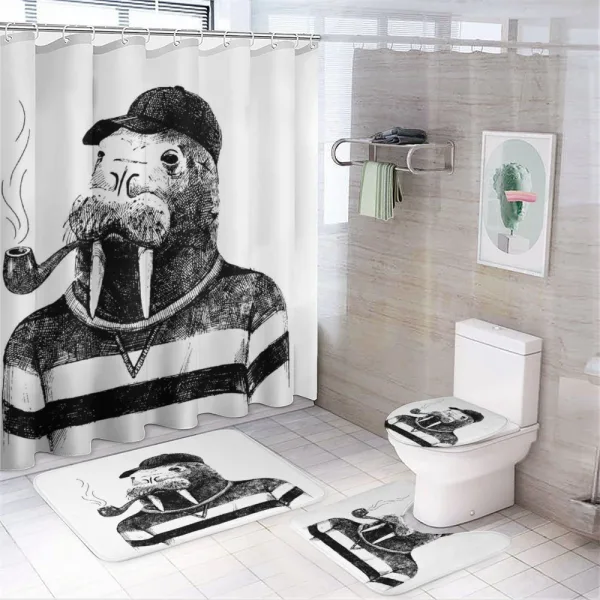 Walrus with Pipe Sketch on a shower curtain