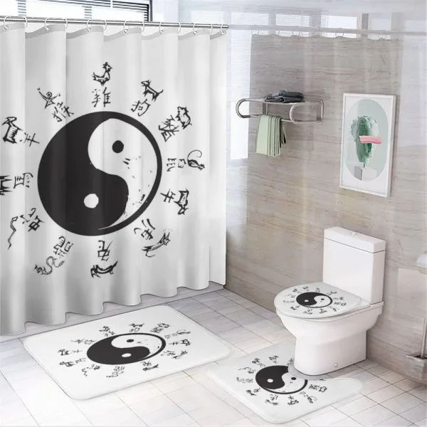 Yin and Yang Tao and Motifs on a shower curtain