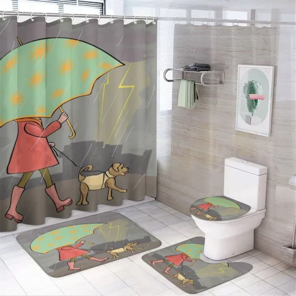 Lady Walking with Dog on a shower curtain