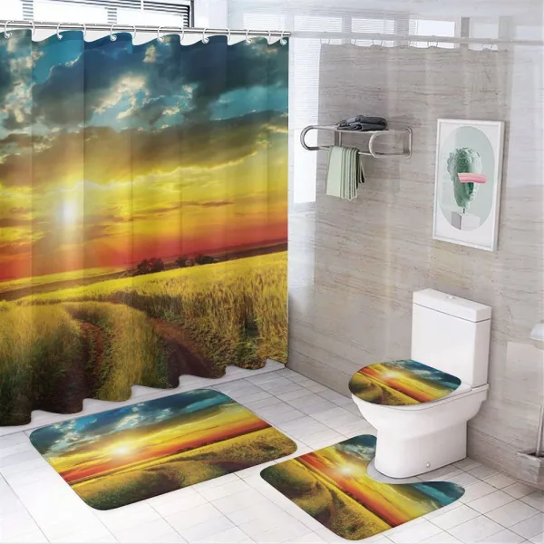 Sunset Over Field Picture on a shower curtain