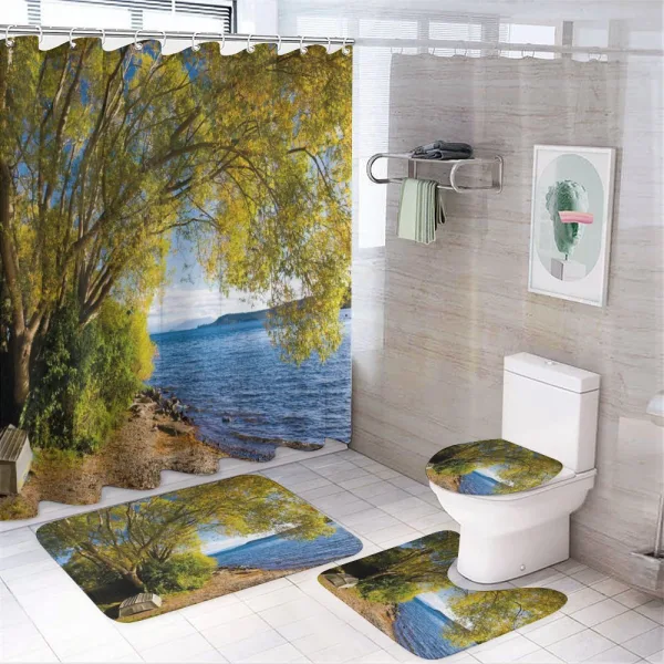 Boat Under the Tree on a shower curtain