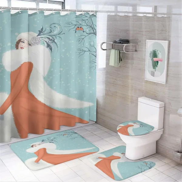 Lady in Red Coat on a shower curtain