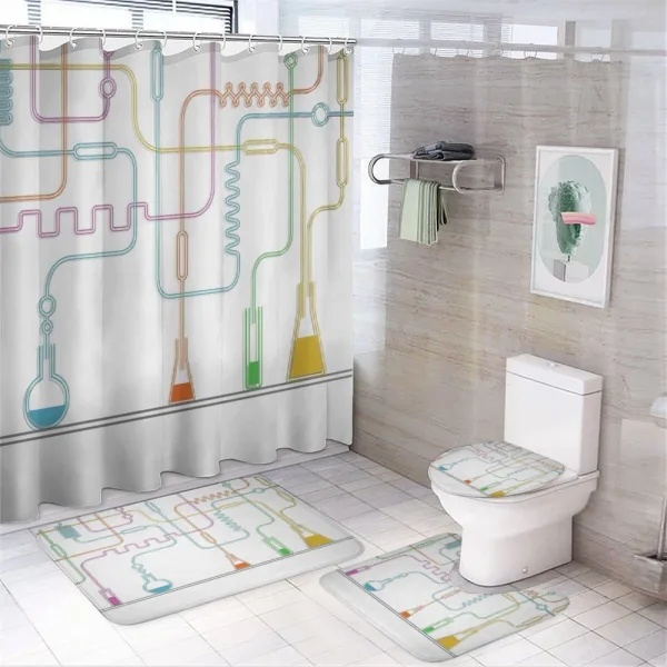 Beakers with Solution and Tubes on a shower curtain