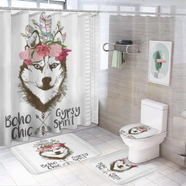 Flowers Feathers Husky on a shower curtain