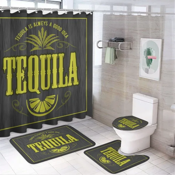 Vintage Alcohol Themed Text on a shower curtain