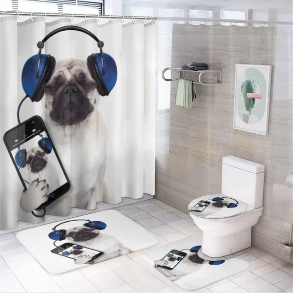 Music Listening Dog Phone on a shower curtain