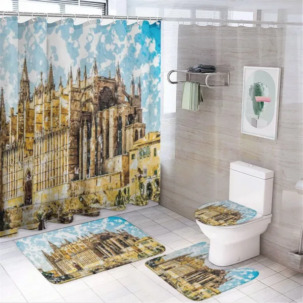 Building on Sea Shore on a shower curtain