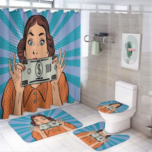 Woman Holding Dollar Bill on a shower curtain