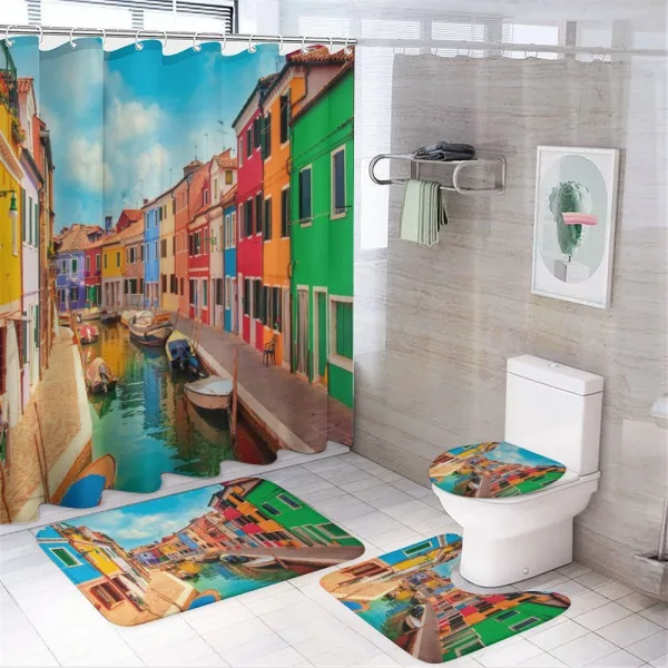 Colorful Buildings Boats on a shower curtain