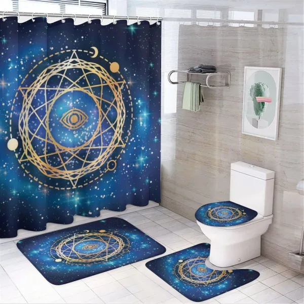 Geometric Emblem on a shower curtain