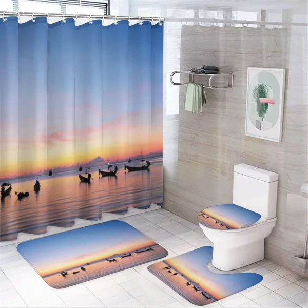 Sunset on Sea Ships on a shower curtain