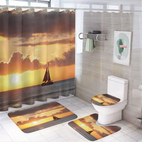 Boat in Sewith Sunset on a shower curtain