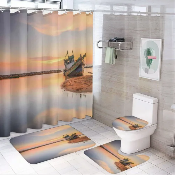 Boat on Beach Dusk on a shower curtain