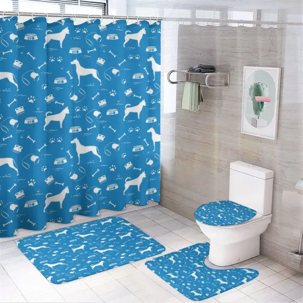 Dogs and Items on a shower curtain
