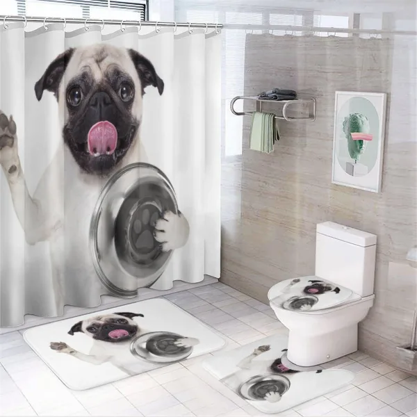 Dog Holding Food Bowl on a shower curtain