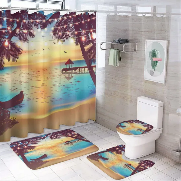 Calm Coast with Boat and Pier on a shower curtain