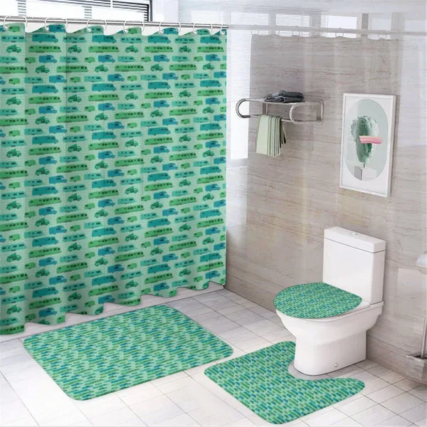 Squares and Caravans on a shower curtain
