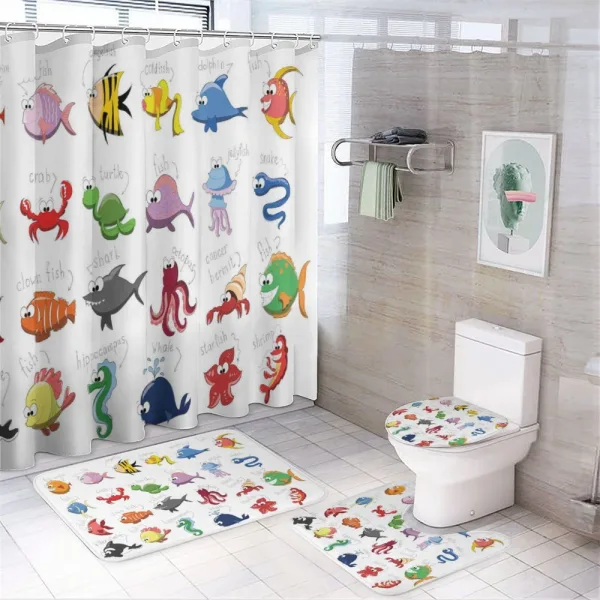 Cartoonish Various Breed Names on a shower curtain