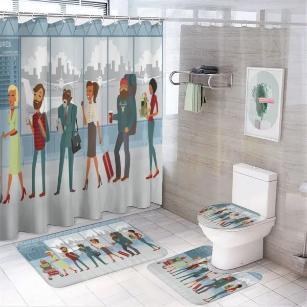 People at Line with Luggage on a shower curtain