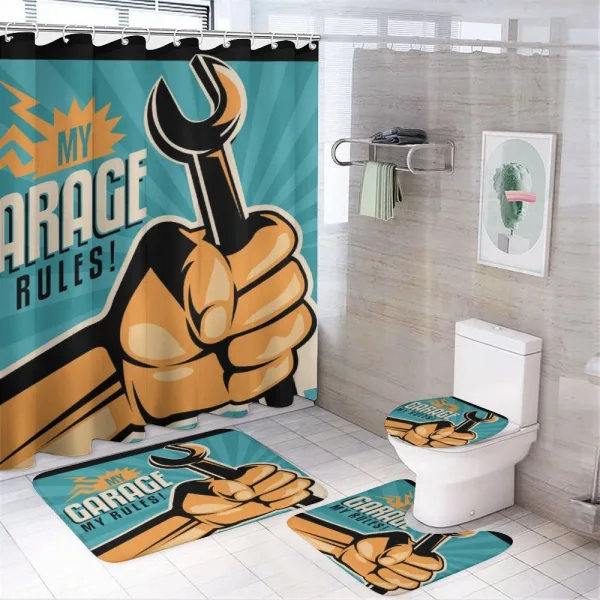 Retro Holding Wrench on a shower curtain