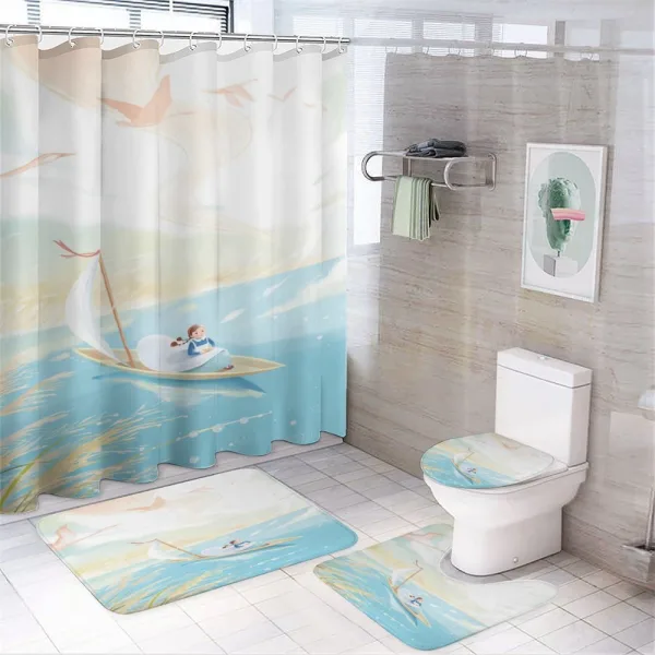 Girl in Boat on Lake Birds on a shower curtain