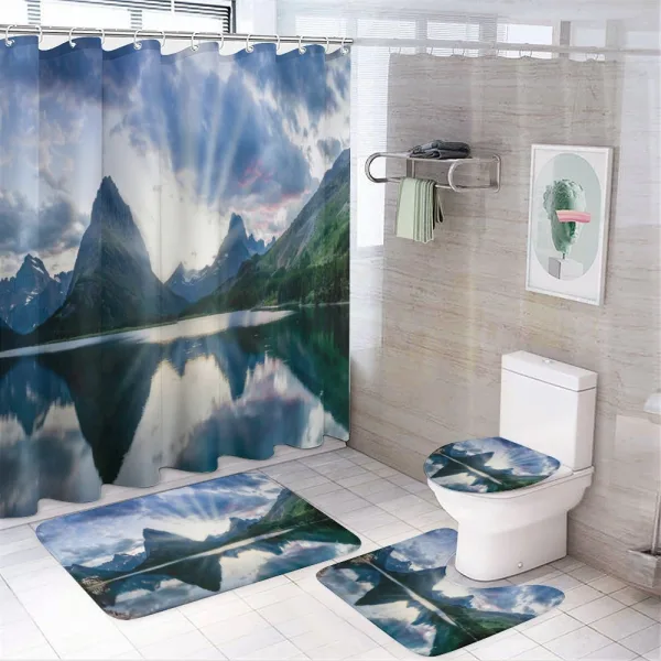 Swiftcurrent Lake Panorama on a shower curtain