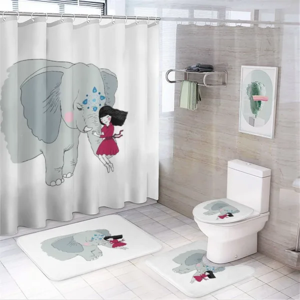 Girl on Trunk of Elephant on a shower curtain