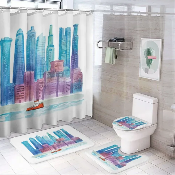 Skyline Boat in the River on a shower curtain