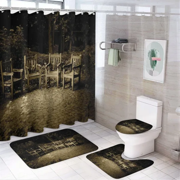 Small Wooden Rustic Chairs on a shower curtain