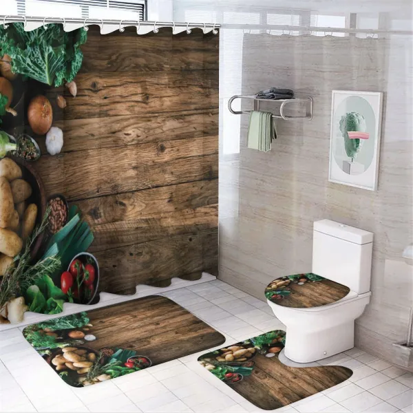 Wooden Table Vegetable on a shower curtain