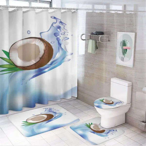 Broken Coconut and Leaves on a shower curtain
