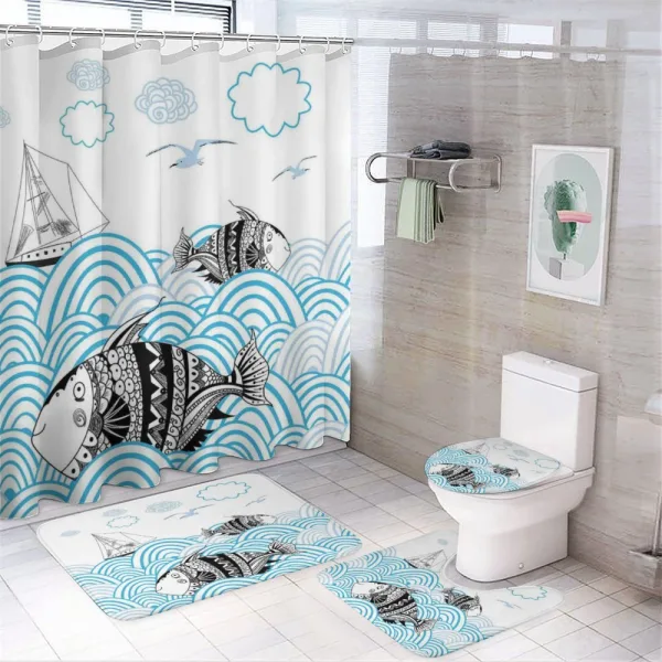 Sketch Boat and Animals on a shower curtain
