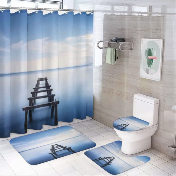 Old Jetty Blue Sky on a shower curtain