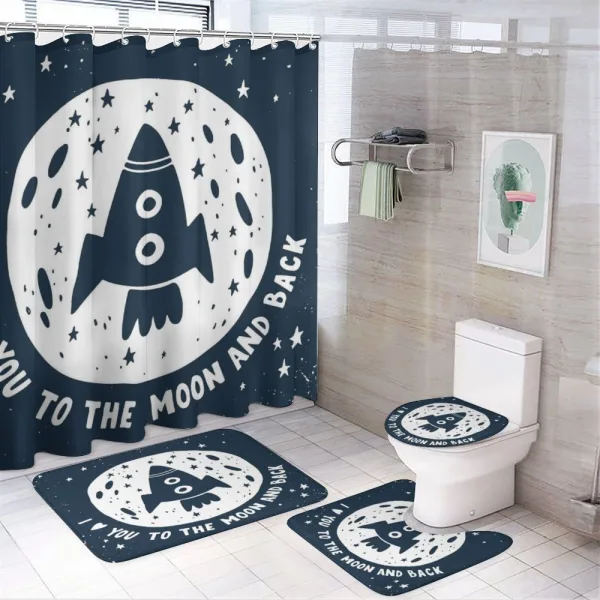 Spaceship and Love Saying on a shower curtain
