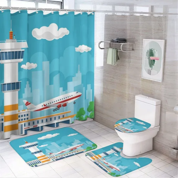 Control Tower and Plane on a shower curtain