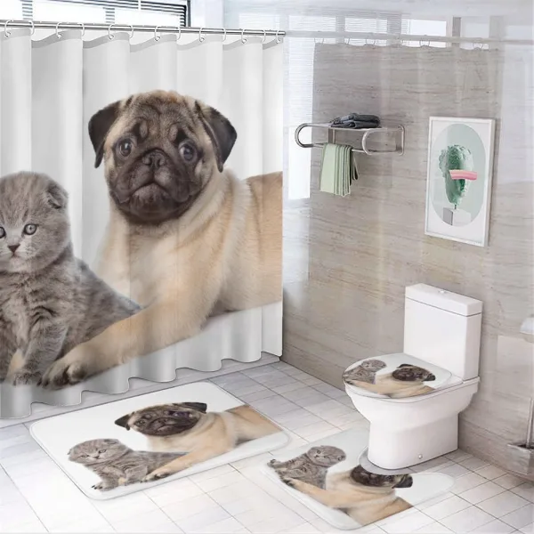 Young Puppy and Kitten on a shower curtain