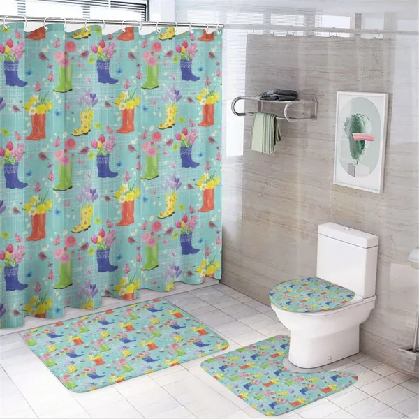 Rubber Boots and Flowers on a shower curtain